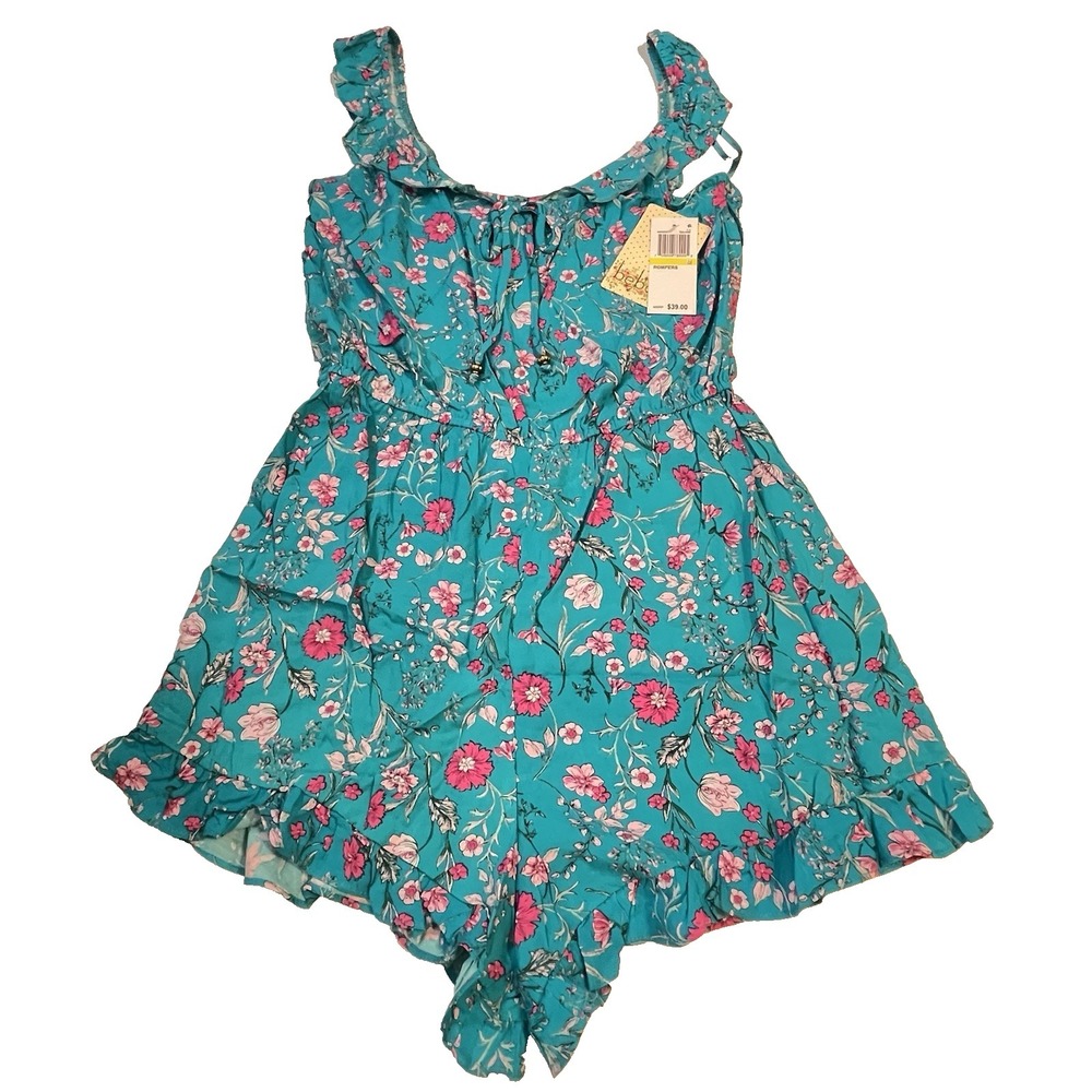 BeBop Juniors M Blue Floral Ruffled Hem & Shoulders Pull Up Romper Jumpsuit